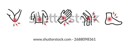 Set of vector icons depicting joint pain. Medical symbols for back, knee, arm, leg, and spine pain. Healthcare and anatomy concept on white background.