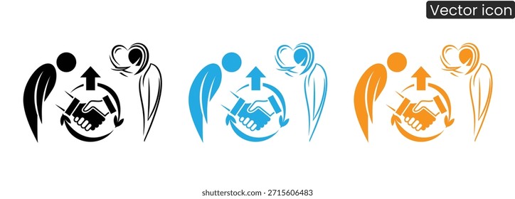 A set of vector icons depicting partnership and love in black, blue and orange colors