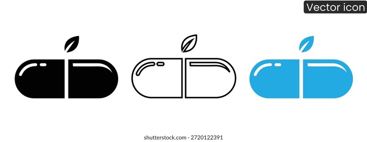 Conjunto de iconos vectoriales que representan píldoras con una hoja en negro, blanco y azul, adecuado para la salud y los diseños médicos