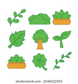 Set of vector icons and design elements in flat style. Collection of green plants.