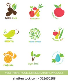 Conjunto de Iconos Vectores y Elementos de Diseño para Comida Orgánica. Comida vegetariana. Comida Vegan. Bebidas naturales. Comer saludable. Elementos del logotipo de la comida.