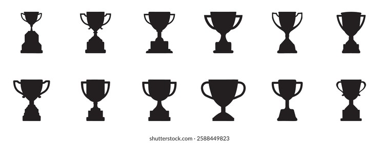 A set of vector icons, designed with black trophy silhouettes, symbolizing sports awards and championships, on a white background.