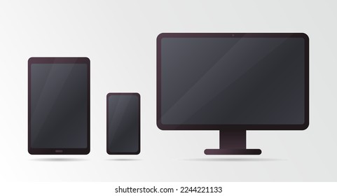 Set of vector icons of devices: monitor, computer, tablet, smartphone with black screen. Illustration of modern technology in a flat style on an isolated background.