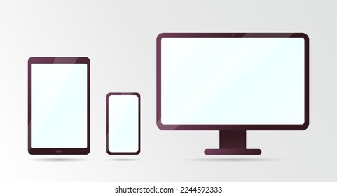 Set of vector icons of devices: monitor, computer, tablet, smartphone. Illustration of modern technology in a flat style on an isolated background. 10 eps