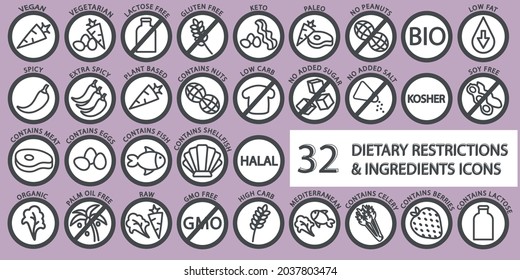 A set of vector icons with dietary restrictions, common allergens, ingredients, diets