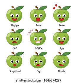 Set of vector icons with different moods of green apples. Infographic emotions for children. Happy, fear, love, sadness, anger, fun, surprise, crying and doubt emotions on white.