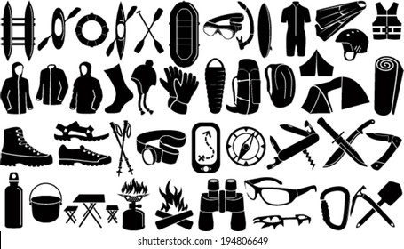 Set of Vector icons with different outdoor, caver and watersport gear