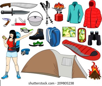 Set of Vector icons with different outdoor  and caver gear with beaitifull girl