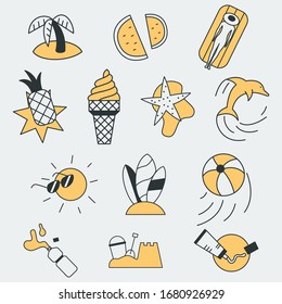 Set of vector icons of a different summer, food and fun related objects. Each icon also can be used as a logo
