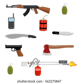 Set Vector Icons Different Weapon.grenade, Dynamite, Gun, Flame Thrower, Knife, Machine, Machete