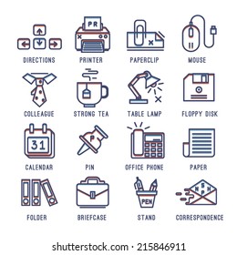 Set of vector icons. Direction keys, printer, paper clip, mouse, employee, strong tea, coffee, reading lamps, diskette, calendar, pin, phone, office, paper, message, folder, case, stand