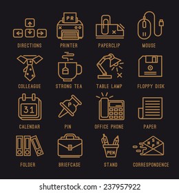 Set of vector icons. Direction keys, printer, paper clip, mouse, employee, strong tea, coffee, reading lamps, diskette, calendar, pin, phone, office, paper, message, folder, case, stand