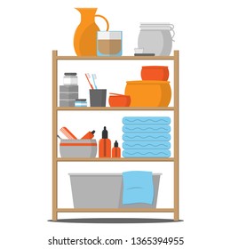 A set of vector icons displays bathroom shelf with bathware.
