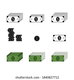 Juego de íconos vectores, dólares, billetes, billetes, monedas, finanzas, dinero. Ilustración de diseño plano, negro y color, eps 10, aislado en fondo blanco.