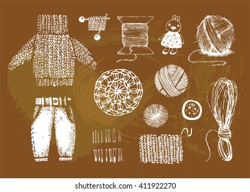Set of vector icons, drawings, stamps on the theme of sewing and knitting clothes on the coffee background.