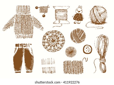 Set of vector icons, drawings, stamps on the theme of sewing and knitting clothes on the white background.