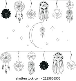 A set of vector icons of dream catchers in a minimalist style