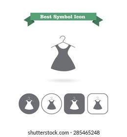 Set of vector icons with dress on hanger, with text on green ribbon