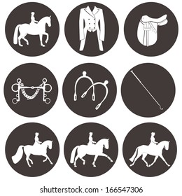 Set of vector icons with dressage elements and equipment. High quality equestrian illustration include dressage competition elements - trout, canter, piaffe, cloth, saddle, whip, bit.