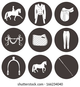 Set of vector icons with dressage equipment. High quality equestrian illustration, including everything you need for dressage competition - saddle, spurs, horse, pad, whip and other horse gear. 