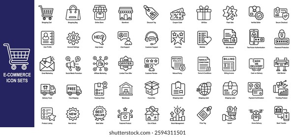 set of vector icons of the E Commerce. E commerce Icon Set, Shopping, Payment, Delivery and Online Store Vector Icon. E commerce Vector Outline Icon Pack.