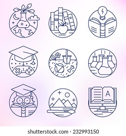 Set of vector icons. Education, reading, literature, archeology, e-book, art, knowledge, mind.