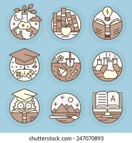 Set of vector icons. Education, reading, literature, archeology, e-book, art, knowledge, mind.