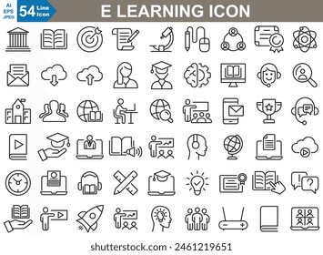 A set of vector icons for e-learning designed in Adobe Illustrator, featuring symbols representing various aspects of online education such as computer screens, books, graduation caps, and more.