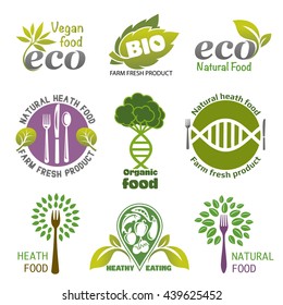 Set of vector icons and elements for organic food. Vegetarian food icons. Label and logo healthy eating.