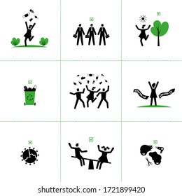 Set of vector icons of end of quarantine, virus epidemic,coronavirus. Victory over Covid-19.Epidemic reduction graphs, permitting signs, freedom of movement on the street. For infographics, websites.