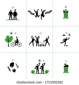 Set of vector icons of end of quarantine, virus epidemic,coronavirus. Victory over Covid-19.Epidemic reduction graphs, permitting signs, freedom of movement on the street. For infographics, websites.