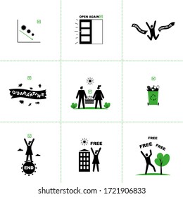 Conjunto de iconos vectoriales del final de cuarentena, epidemia de virus, coronavirus. Victoria sobre Covid-19. Gráficos de reducción de la epidemia, que permiten señales, libertad de movimiento en la calle. Para infografías, sitios web.