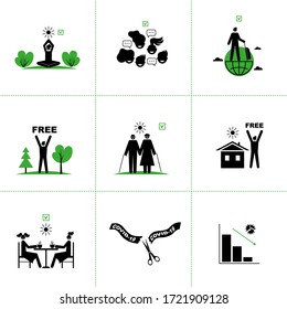 Set of vector icons of end of quarantine, virus epidemic,coronavirus. Victory over Covid-19.Epidemic reduction graphs, permitting signs, freedom of movement on the street. For infographics, websites.