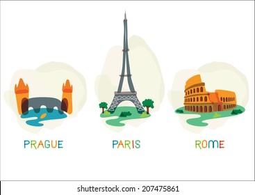 Set of vector icons of European landmarks. Charles Bridge in Prague, Paris Eiffel Tower, Colosseum in Rome. Multicolor travel illustrations.