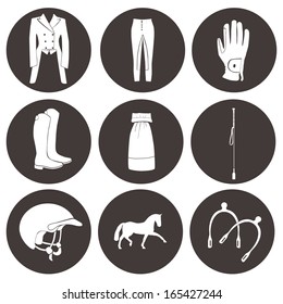 Set of vector icons - everything horseback rider needs, including cloth, helmet, horse, boots, competition gear, gloves. High quality fully editable equestrian illustration drawn in details. 