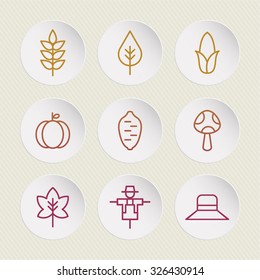 A set of vector icons for fall, autumn, leaf, leaves. mushroom, hat, scarecrow, maple, corn, sweet potato.