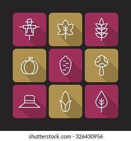 A set of vector icons for fall, autumn, leaf, leaves. mushroom, hat, scarecrow, maple, corn, sweet potato.