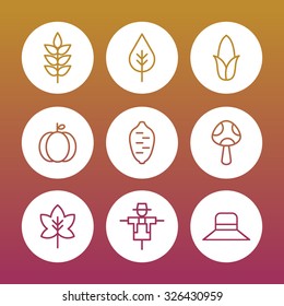 A set of vector icons for fall, autumn, leaf, leaves. mushroom, hat, scarecrow, maple, corn, sweet potato.