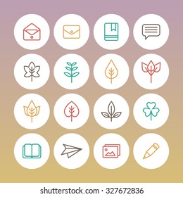 A set of vector icons for fall, autumn. various leaf, leaves. maple, book, paper plane, envelope, photo, pencil, bookmark, clover.