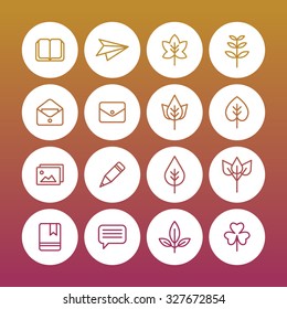 A set of vector icons for fall, autumn. various leaf, leaves. maple, book, paper plane, envelope, photo, pencil, bookmark, clover.