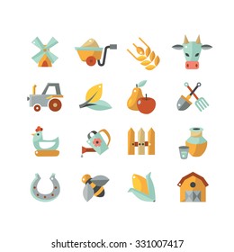 set of vector icons farm, flat illustration, cow, tractor, chicken, wheelbarrow, shovel, pitchfork, barn, fence, wheat, orchard, fruit, corn, milk, organic, mill, watering can, horseshoe, stable, bee