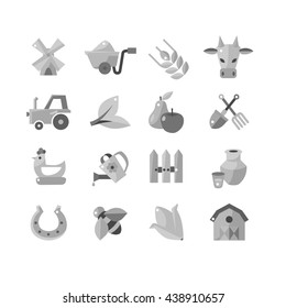 set of vector icons farm, flat illustration, cow, tractor, chicken, wheelbarrow, shovel, pitchfork, barn, fence, wheat, orchard, fruit, corn, milk, organic, mill, watering can, horseshoe, stable, bee