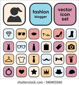 Set of vector icons for fashion blog design with fashion and beauty symbols as shoes, cosmetics, accessories