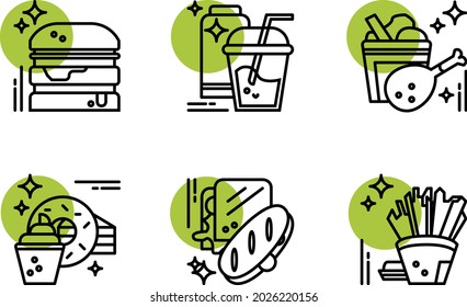 A set of vector icons with fast food dishes: burger, drinks, French fries, chicken, sandwiches, desserts. It is suitable for the website menu or for the restaurant menu.