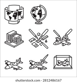 Set of vector icons featuring architectural modeling aviation hobbyist design