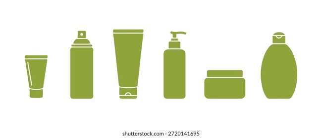 Un conjunto de iconos vectoriales con belleza, cosméticos y artículos de cuidado personal. Incluye una botella, frasco, gel de ducha, crema facial, loción corporal, aerosol, ungüento y pasta.