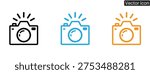 A set of vector icons featuring camera symbols in black, blue, and orange with flash, ideal for use in graphic design, web development, and mobile applications.