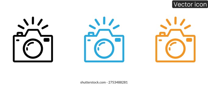 A set of vector icons featuring camera symbols in black, blue, and orange with flash, ideal for use in graphic design, web development, and mobile applications.
