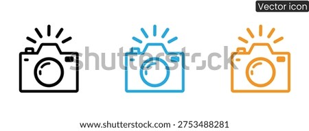 A set of vector icons featuring camera symbols in black, blue, and orange with flash, ideal for use in graphic design, web development, and mobile applications.
