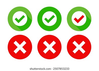 A set of vector icons featuring cross and tick marks, symbolizing approval and rejection. Ideal for use in user interfaces, checklists, and decision-making content.